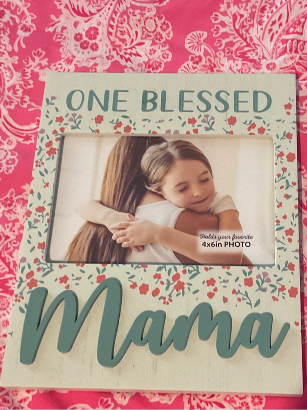 "One Blessed Mama" Floral Wood Photo Frame - Teal & Cream